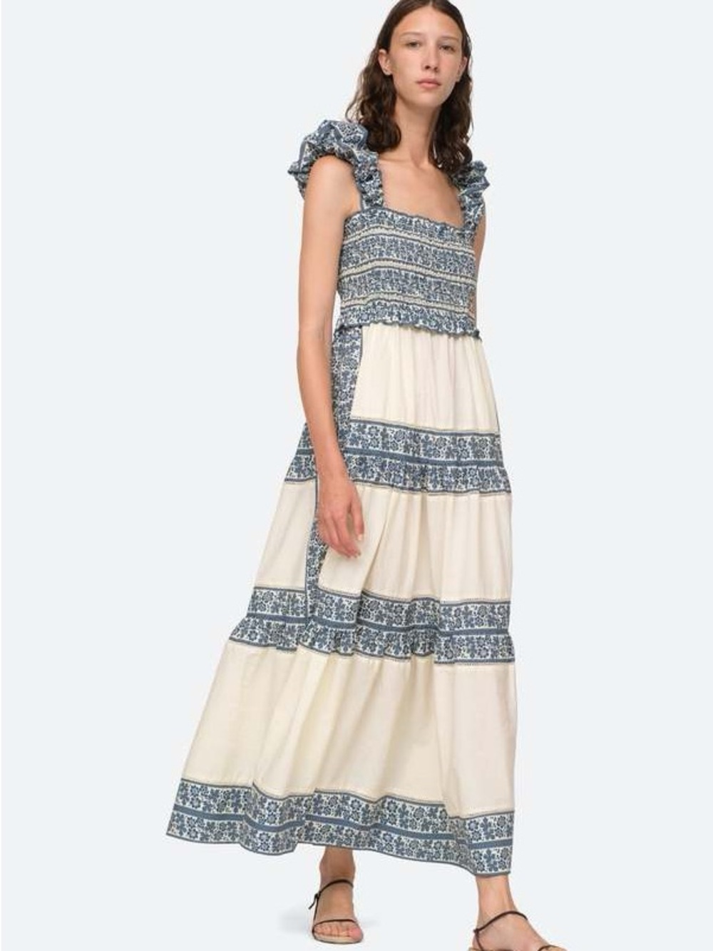 Sea NY Arlo Maxi Floral Tiered Smocked Bodice Blue Cream Cotton Dress Size S